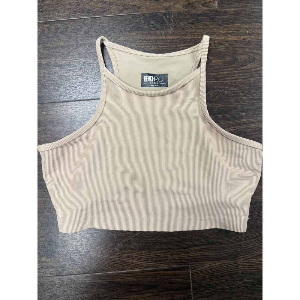 Beach Riot Ribbed High-Neck Crop Sports Bra - Taupe/Beige - Size Medium